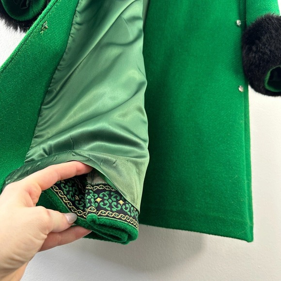 Black Fur Collar Cuff Green Modern Deb Coat 1960s Womans Small - Picture 10 of 16